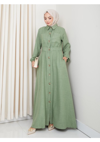 Kadın Cep Detaylı Düğmeli Kuşaklı Haki Keten Elbise fiyatları