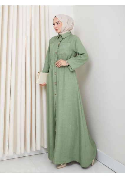 Kadın Cep Detaylı Düğmeli Kuşaklı Haki Keten Elbise modelleri