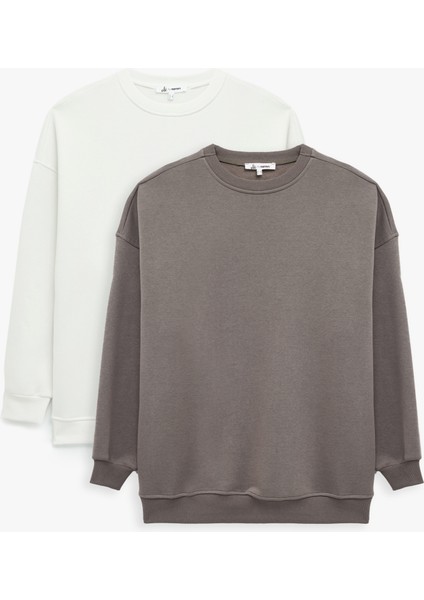Rahat Kalıp Uzun Kollu Bisiklet Yaka Pamuklu Basic 2'li Sweatshirt Seti