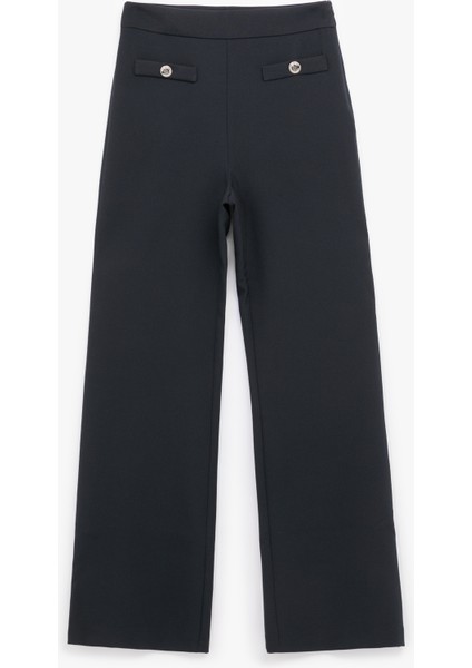 Yüksek Bel Düğmeli Cep Detaylı Geniş Paça Pantolon