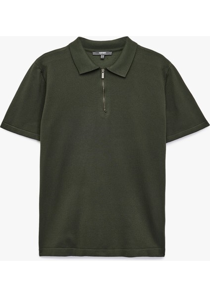 Viskon Regular Fit Polo Yaka Yarım Fermuarlı Kısa Kollu Triko Tişört