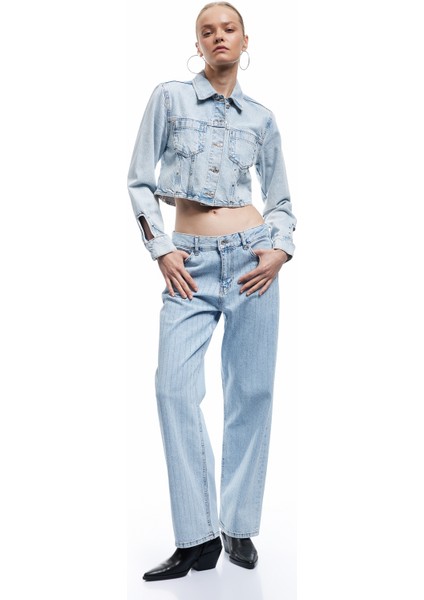 Taş Detaylı Düz Paça Cepli Düğmeli Straight Jean Pantolon - Straight Jeans