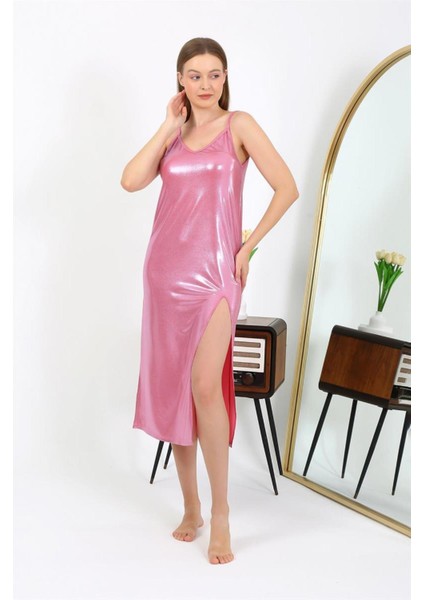 Kadın Ip Askılı Uzun Parlak Micro Elbise Gecelik 7415 Pembe fiyatları