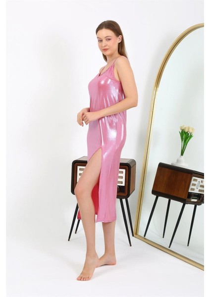 Kadın Ip Askılı Uzun Parlak Micro Elbise Gecelik 7415 Pembe modelleri