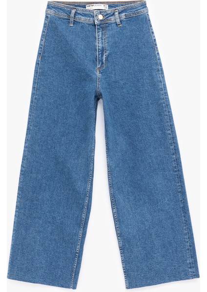 Yüksek Bel Rahat Kesim Geniş Paça Pamuklu Jean Pantolon - Culotte Jeans