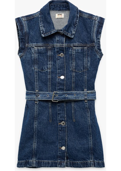 Pamuklu Kemer Detaylı Gömlek Yaka Denim Elbise