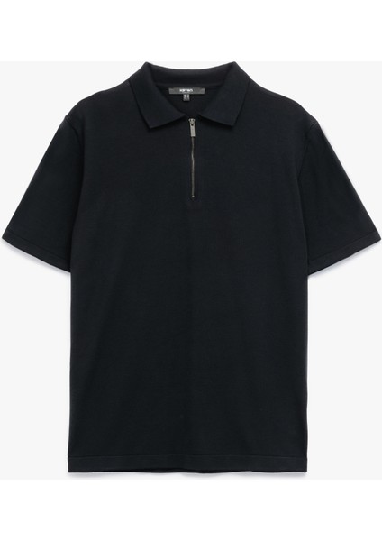 Viskon Regular Fit Polo Yaka Yarım Fermuarlı Kısa Kollu Triko Tişört