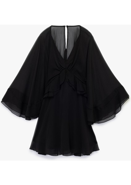 V Yaka Yarasa Kol Volanlı Mini Tül Elbise