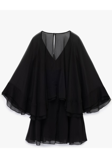 V Yaka Yarasa Kol Volanlı Mini Tül Elbise fiyatları