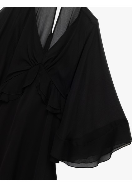 V Yaka Yarasa Kol Volanlı Mini Tül Elbise modelleri