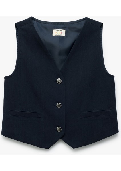 V Yaka Kolsuz Viskon Karışımlı Düğmeli Basic Yelek