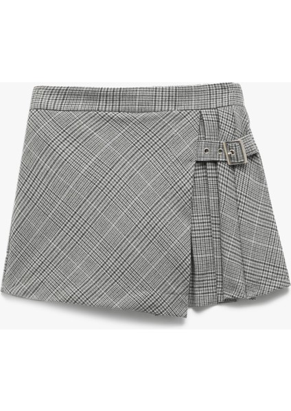 Ekose Desenli Kemer Detaylı Pileli Şort Etek