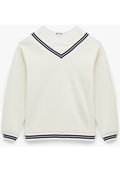 Çizgi Detaylı Uzun Kollu Çift Yaka Rahat Kalıp Sweatshirt
