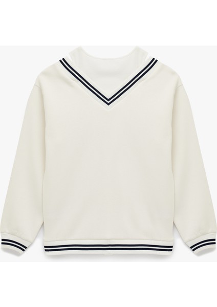 Çizgi Detaylı Uzun Kollu Çift Yaka Rahat Kalıp Sweatshirt fiyatları