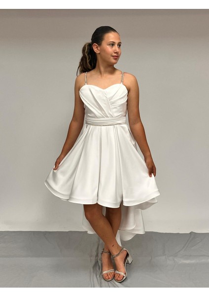 Kız Çocuk Abiye Krem Taş Kordon Askılı Kalp Yaka Clup Saten Kuyruklu Abiye Elbise 9-16 Yaş