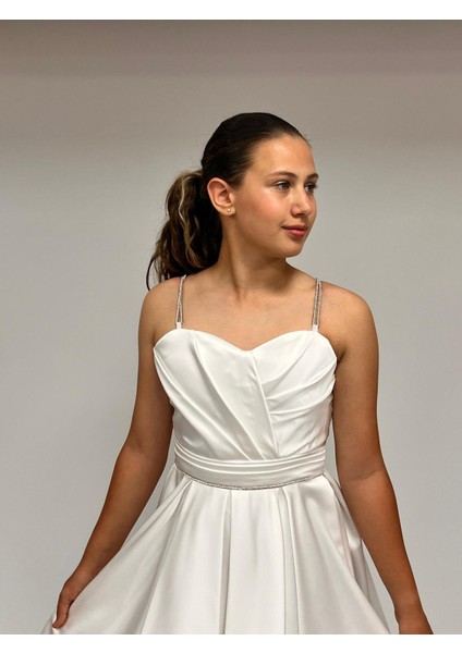 Kız Çocuk Abiye Krem Taş Kordon Askılı Kalp Yaka Clup Saten Kuyruklu Abiye Elbise 9-16 Yaş fiyatları