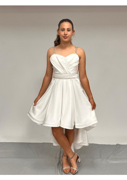 Kız Çocuk Abiye Krem Taş Kordon Askılı Kalp Yaka Clup Saten Kuyruklu Abiye Elbise 9-16 Yaş modelleri