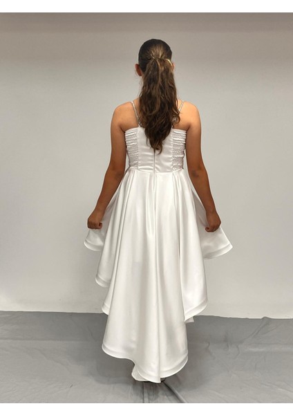 Kız Çocuk Abiye Krem Taş Kordon Askılı Kalp Yaka Clup Saten Kuyruklu Abiye Elbise 9-16 Yaş fırsatları