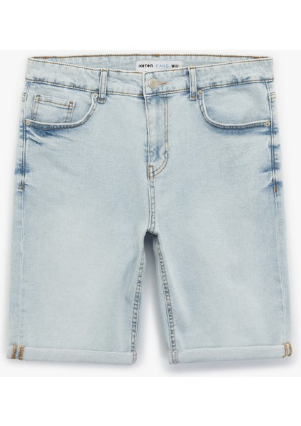 Katlamalı Paça Cep Detaylı Pamuklu Slim Fit Jean Şort