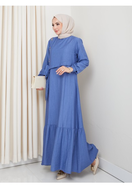 Kadın Bağlama Detaylı Çilek Kumaş Mavi Elbise fiyatları