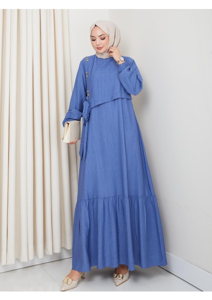 Kadın Bağlama Detaylı Çilek Kumaş Mavi Elbise modelleri