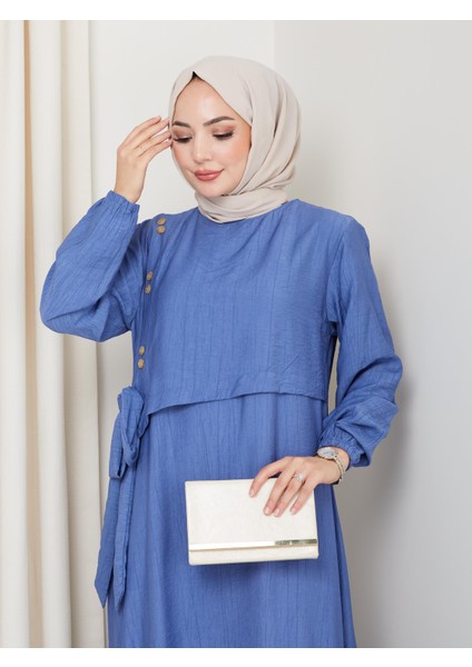 Kadın Bağlama Detaylı Çilek Kumaş Mavi Elbise fırsatları
