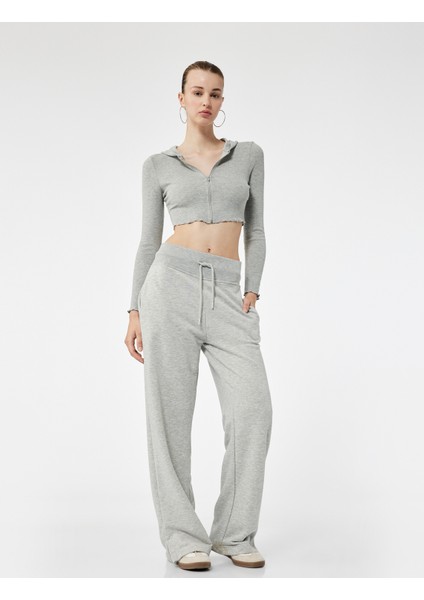 Kapüşonlu Fermuarlı Viskon Karışımlı Dar Kesim Uzun Kollu Crop Hırka
