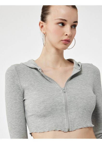 Kapüşonlu Fermuarlı Viskon Karışımlı Dar Kesim Uzun Kollu Crop Hırka fiyatları