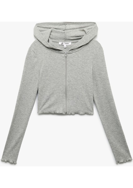 Kapüşonlu Fermuarlı Viskon Karışımlı Dar Kesim Uzun Kollu Crop Hırka modelleri
