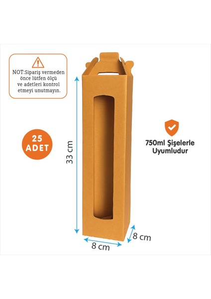 8X8X33CM 25 Adet Pencereli Kraft Şişe Kutusu, Taşıma Saplı – Zeytinyağı, Sirke ve Cam Şişe Uyumlu modelleri