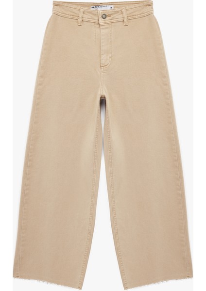 Yüksek Bel Düğmeli Cepli Rahat Kalıp Geniş Paça Denim Pantolon - Culotte Jeans