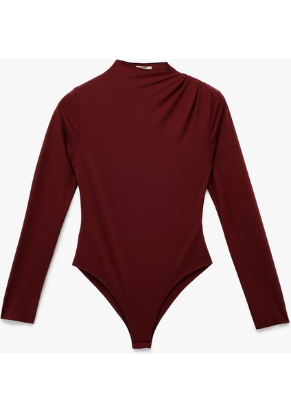 Slim Fit Hafif Dik Yaka Drape Detaylı Uzun Kollu Bodysuit