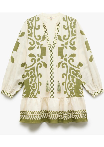 Viskon Kumaş Bağlamalı Yaka Nakışlı Etnik Desenli Plaj Elbisesi modelleri