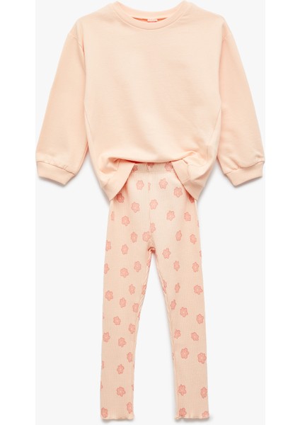 Pamuklu Bisiklet Yaka Uzun Kollu Sweatshirt ve Ribanalı Çiçek Baskılı Tayt Seti