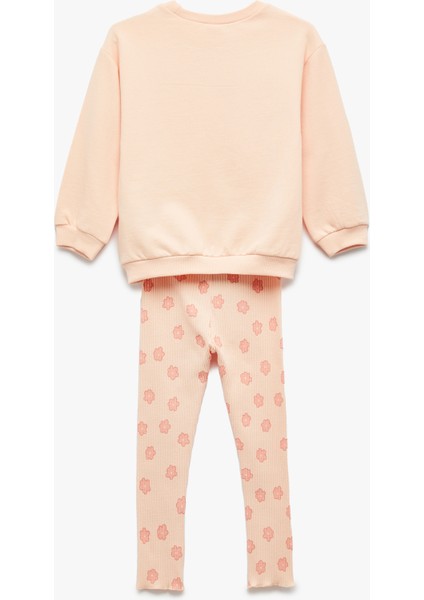 Pamuklu Bisiklet Yaka Uzun Kollu Sweatshirt ve Ribanalı Çiçek Baskılı Tayt Seti fiyatları