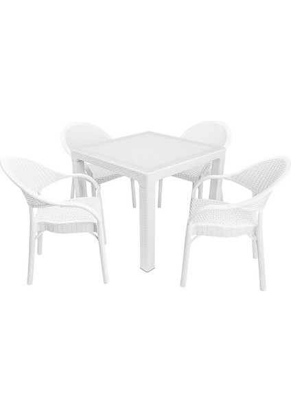 Elit Rattan 90x90 Eylül Koltuk Camlı Masa Takımı Beyaz