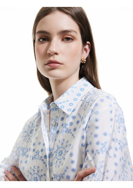 Pamuklu 3/4 Kol Klasik Yaka Etnik Desenli Uzun Poplin Gömlek