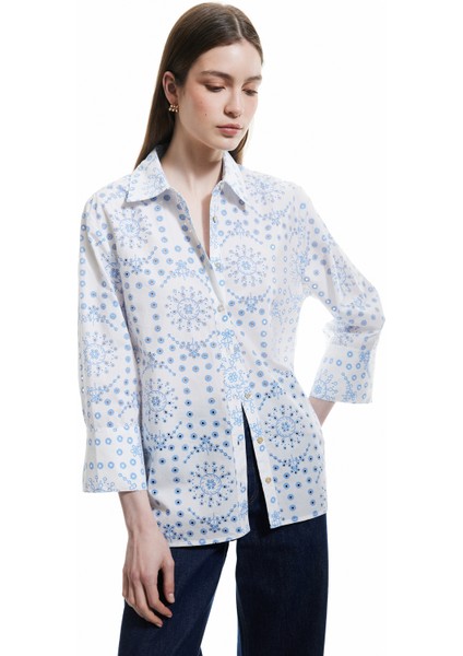 Pamuklu 3/4 Kol Klasik Yaka Etnik Desenli Uzun Poplin Gömlek fiyatları