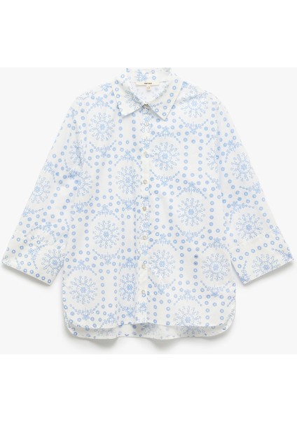 Pamuklu 3/4 Kol Klasik Yaka Etnik Desenli Uzun Poplin Gömlek modelleri