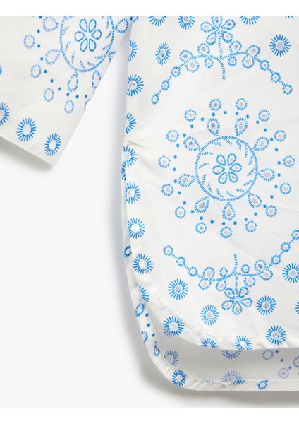 Pamuklu 3/4 Kol Klasik Yaka Etnik Desenli Uzun Poplin Gömlek