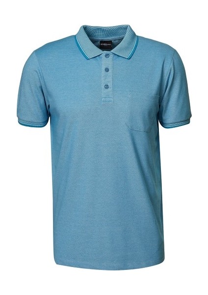 AC&Co / Altınyıldız Classics Erkek Çekmeyen Pamuklu Kumaş Regular Fit Rahat Kesim Mavi Kıvrılmaz Polo Yaka Cepli Tişört