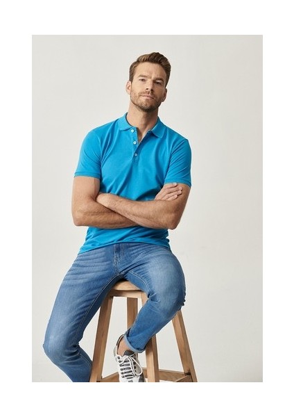 ALTINYILDIZ CLASSICS Erkek Turkuaz %100 Pamuk Kıvrılmaz Polo Yaka Slim Fit Dar Kesim Tişört