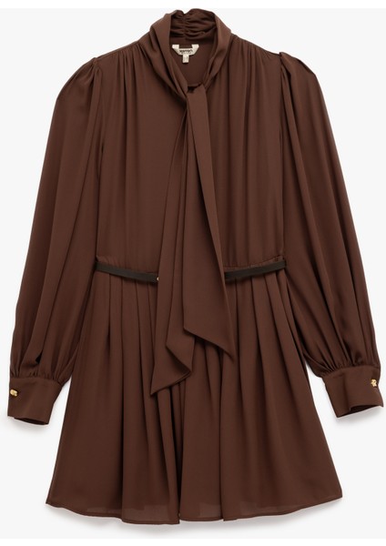 Regular Fit Uzun Kollu Kemerli Fular Yaka Mini Elbise