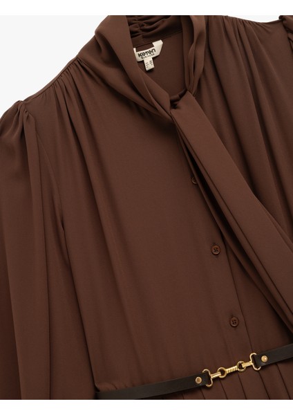 Regular Fit Uzun Kollu Kemerli Fular Yaka Mini Elbise modelleri