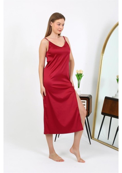 Yırtmaçlı Uzun Saten Gecelik Bordo 7410 modelleri