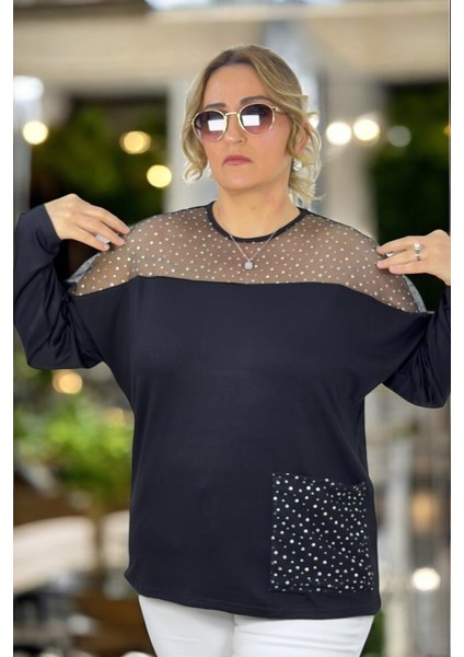 Omuz ve Cep Kısmı Tül Puantiyeli Bisiklet Yaka Büyük Beden Bluz modelleri