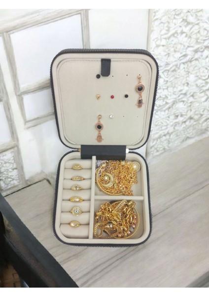 Şık Orta Boy 15X15 Takı Saklama Kutusu, Seyahat Için Deri ve Ahşap Tasarım