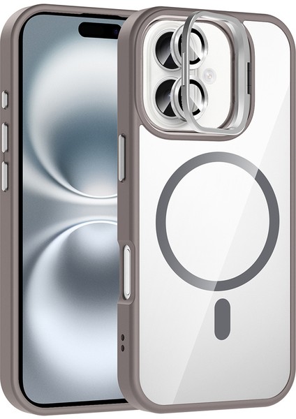Iphone 16 Kılıf Standlı Mika Magsafe Hassas Butonlu Metal Tuşlu + Kamera Lens Camı Hediyeli Set