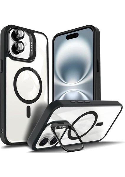 Iphone 16 Kılıf Standlı Mika Magsafe Hassas Butonlu Metal Tuşlu + Kamera Lens Camı Hediyeli Set