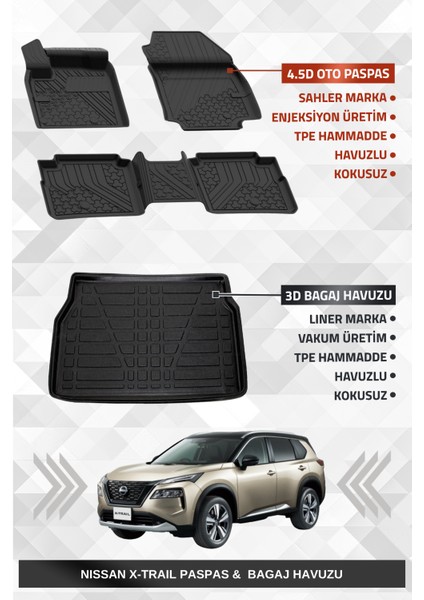Nissan X-Trail Benzinli 2022+ Uyumlu 4.5d Premium Havuzlu Oto Paspas ve Liner Marka 3D Bagaj Havuzu